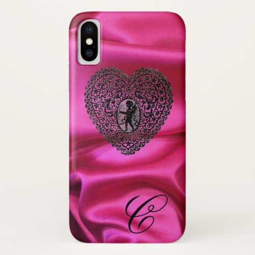 CUPID LACE HEART SILK BLACK FUCHSIA CLOTH MONOGRAM iPhone XS CASE