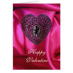 CUPID LACE HEART SILK FUCHSIA CLOTH, Pink Black Cards