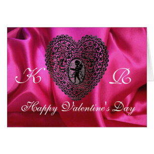 CUPID LACE HEART SILK FUCHSIA CLOTH , Pink Black Cards