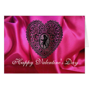 CUPID LACE HEART SILK FUCHSIA CLOTH , Pink Black Cards