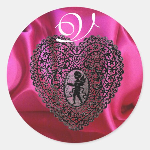 CUPID LACE HEART SILK FUCHSIA CLOTH  Pink Black Classic Round Sticker