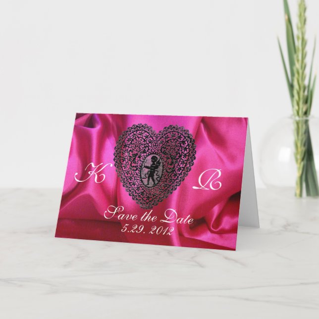 CUPID LACE HEART SILK FUCHSIA CLOTH , Pink Black Holiday Card (Front)