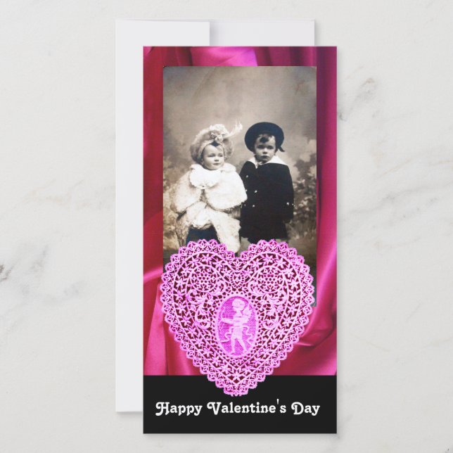 CUPID LACE HEART SILK FUCHSIA CLOTH , pink black Holiday Card (Front)