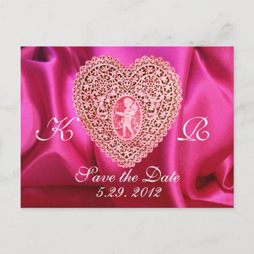 CUPID LACE HEART SILK FUCHSIA CLOTH  Pink Red Announcement Postcard