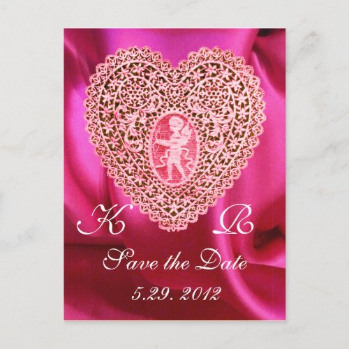 CUPID LACE HEART SILK FUCHSIA CLOTH  Pink Red Announcement Postcard