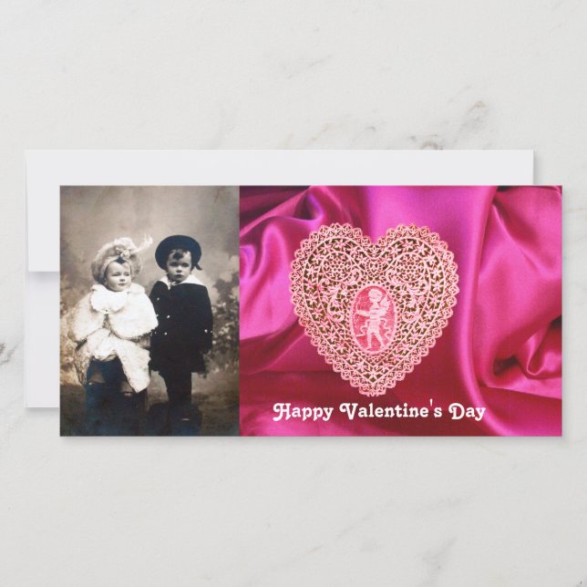 CUPID LACE HEART SILK FUCHSIA CLOTH , Pink Red Holiday Card (Front)
