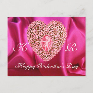 CUPID LACE HEART SILK FUCHSIA CLOTH , Pink Red Holiday Postcard