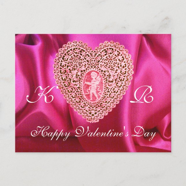CUPID LACE HEART SILK FUCHSIA CLOTH , Pink Red Holiday Postcard (Front)