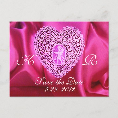 CUPID LACE HEART SILK FUCHSIA CLOTH  Pink Violet Announcement Postcard