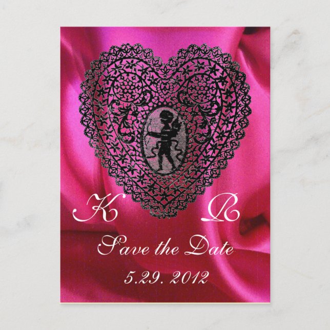 CUPID LACE HEART SILK FUCHSIA CLOTH , Pink Violet Announcement Postcard (Front)