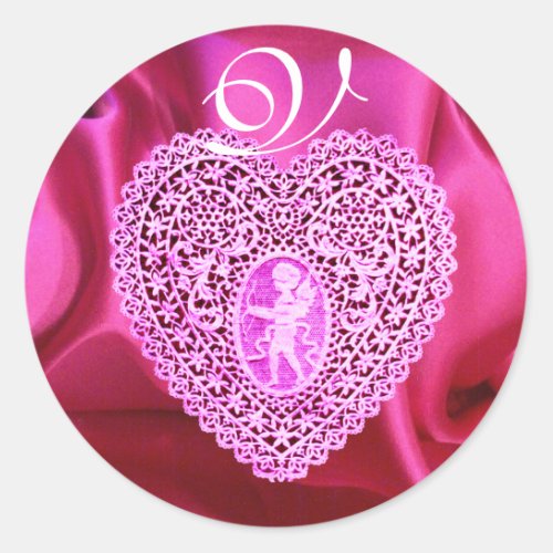 CUPID LACE HEART SILK FUCHSIA CLOTH  Pink Violet Classic Round Sticker