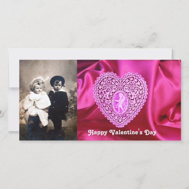 CUPID LACE HEART SILK FUCHSIA CLOTH , Pink Violet Holiday Card (Front)