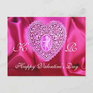 CUPID LACE HEART SILK FUCHSIA CLOTH , Pink Violet Holiday Postcard