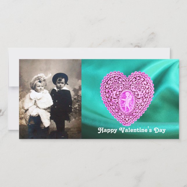 CUPID LACE HEART SILK GREEN BLUE CLOTH,Pink Violet Holiday Card (Front)