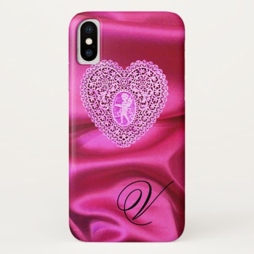 CUPID LACE HEART SILK PINK FUCHSIA CLOTH MONOGRAM iPhone XS CASE