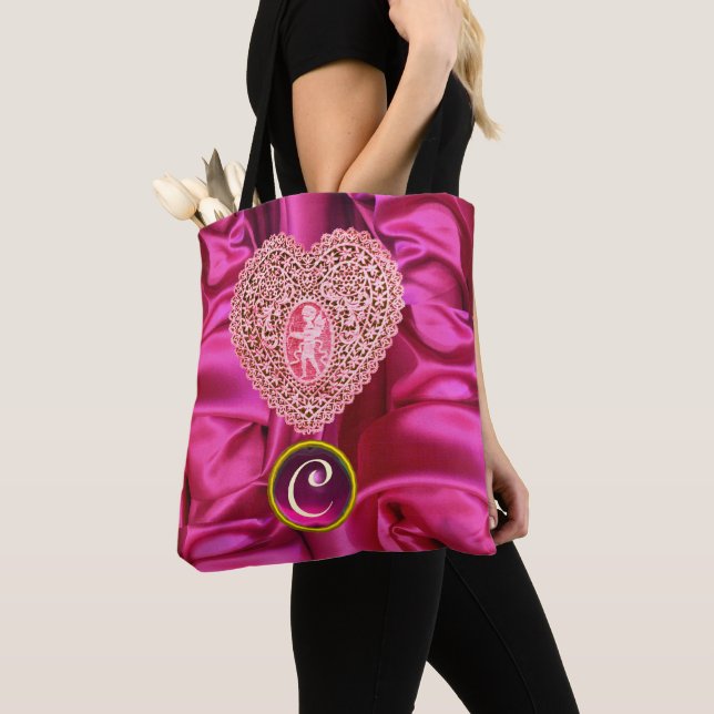 CUPID LACE HEART SILK PINK FUCHSIA CLOTH MONOGRAM TOTE BAG (Close Up)