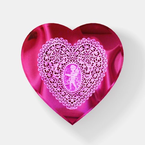 CUPID LACE HEART SILK PINK FUCHSIA CLOTH Valentine Paperweight
