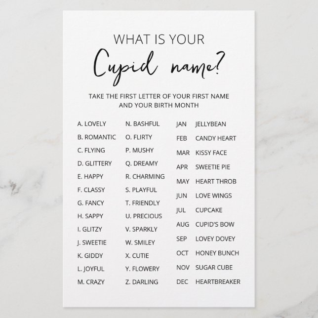 Cupid Name Game Valentine's day Party game (Front)