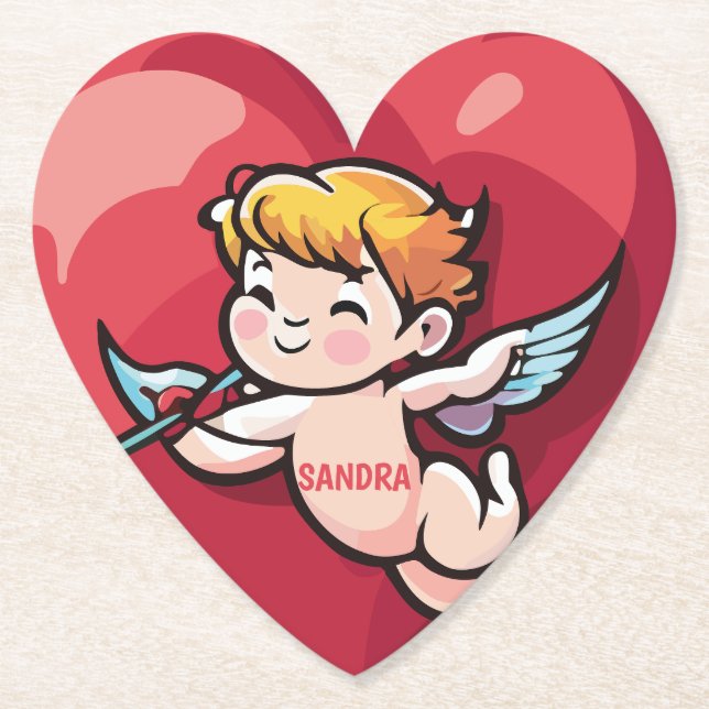 Cupid on Red Heart Paper Coaster (Front)
