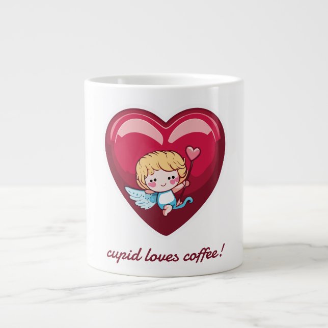 Cupid on Red Heart with Pink Arrow Head Giant Coffee Mug (Front)