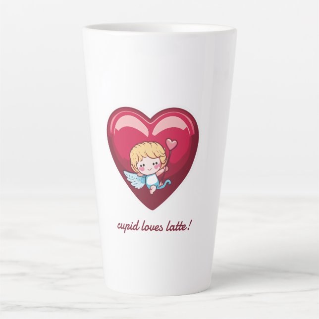 Cupid on Red Heart with Pink Arrow Head Latte Mug (Front)