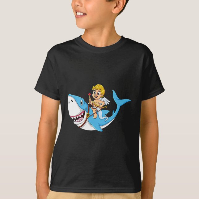 Cupid Riding Shark Valentines Day Fun Boys Girls K T-Shirt (Front)
