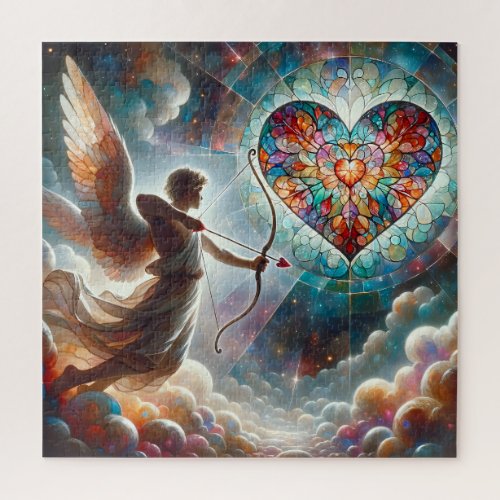 Cupid Shooting His Arrow at a Stained Glass Heart Jigsaw Puzzle