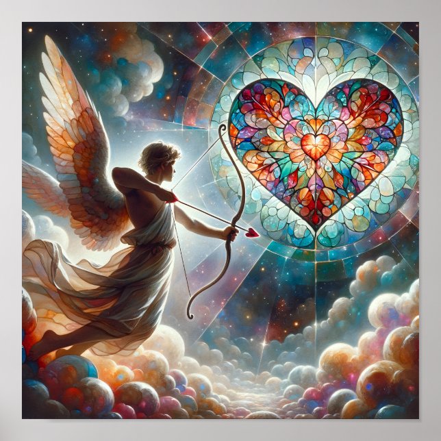 Cupid Shooting His Arrow at a Stained Glass Heart Poster (Front)