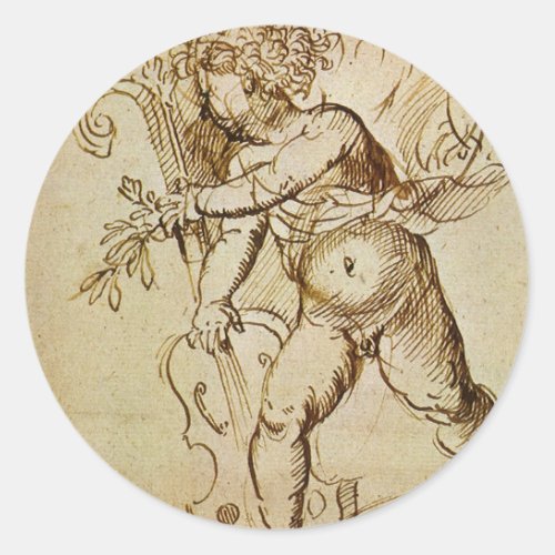 Cupid with a Violin by Domenico Campagnola Classic Round Sticker