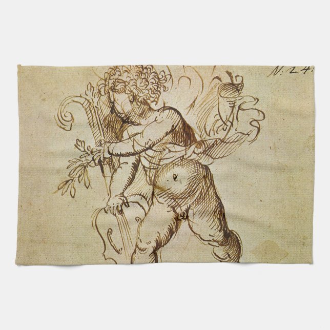 Cupid with a Violin by Domenico Campagnola Kitchen Towel (Horizontal)