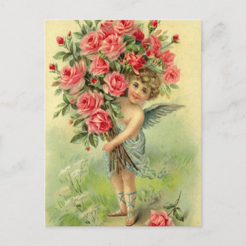 Cupid with bouquet of cherry pink roses postcard