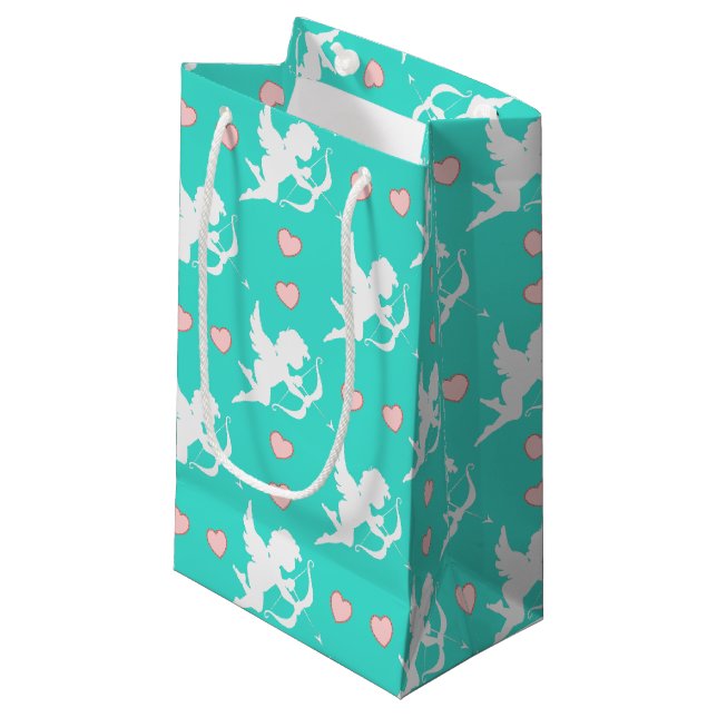 Cupids and Hearts Turquoise Small Gift Bag (Front Angled)