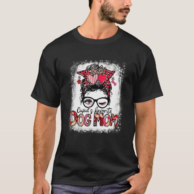 Cupid's Favorite Dog Mom Messy Bun Leopard Valenti T-Shirt (Front)