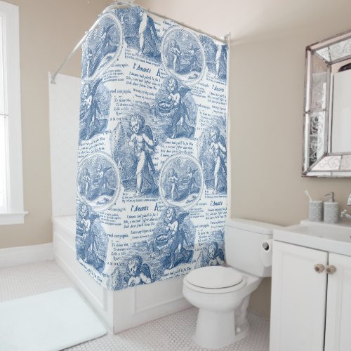 Cupids in Love Romantic French Toile Blue Shower Curtain