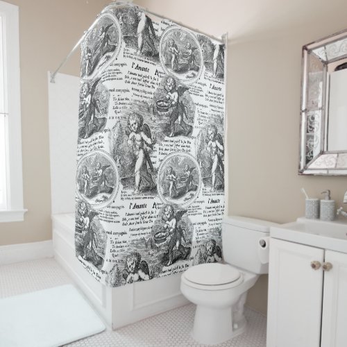 Cupids in Love Romantic Vintage Black and White Shower Curtain