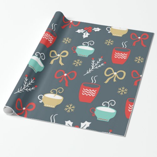 Cups Bows Mistletoe And Fir Branches Wrapping Paper