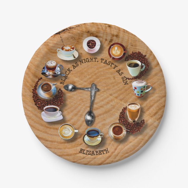 Cups Of Black Coffee With Beans As A Clock Paper Plates (Front)