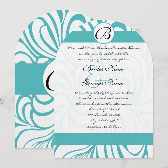 Curacao Blue Swirls Wedding Invitations (Front/Back)