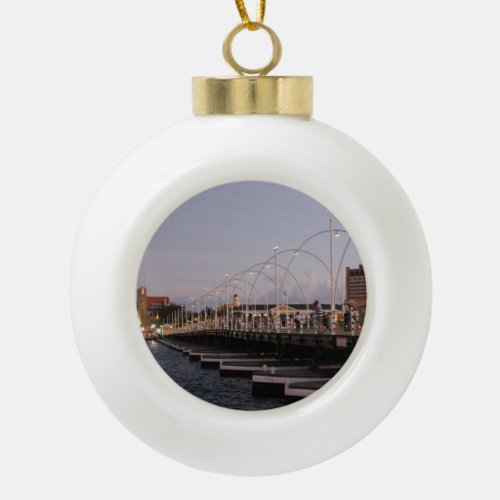 Curaao Queen Emma Pontoon Bridge at Dusk Ceramic Ball Christmas Ornament