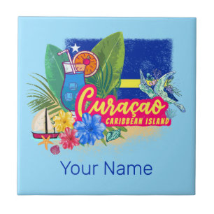Curacao retro caribbean island with turtle vintage ceramic tile