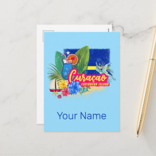 Curacao retro caribbean island with turtle vintage holiday postcard
