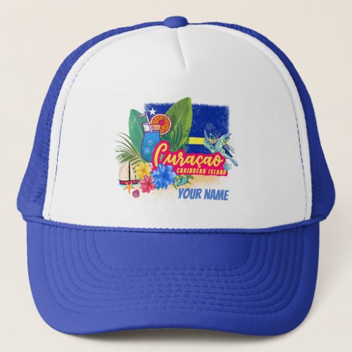 Curacao retro caribbean island with turtle vintage trucker hat