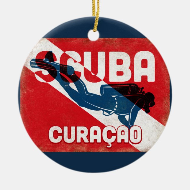 Curaçao Scuba Diver - Blue Retro Ceramic Ornament (Front)