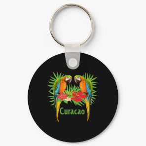 Curacao Vacation Parrots Tropical Flowers Green Pa Keychain
