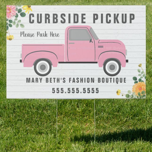Curbside Pickup Vintage Pink Truck Floral Sign (Insitu)