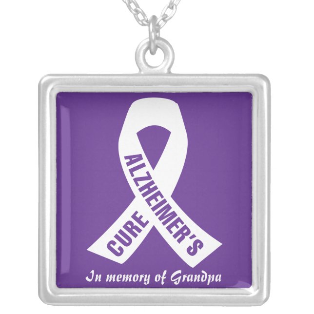 Cure Alzheimers Ribbon on Purple Silver Plated Necklace (Front)