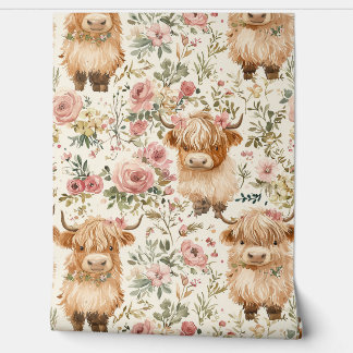 Cure highland cow with flowers. Watercolor nursery Wallpaper