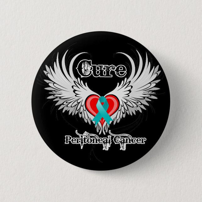 Cure Peritoneal Cancer Heart Tattoo Wings Button (Front)