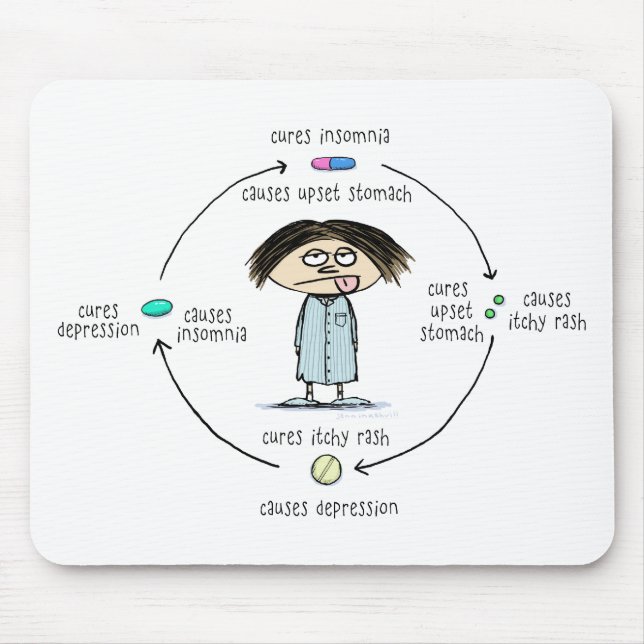 Cures and Causes | Funny Medication Cartoon Mouse Pad (Front)