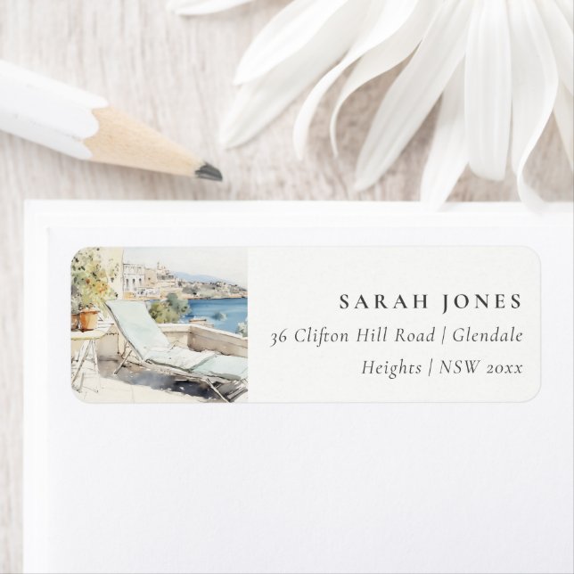 Curfu Greece Watercolor Landscape Address Label (Insitu)